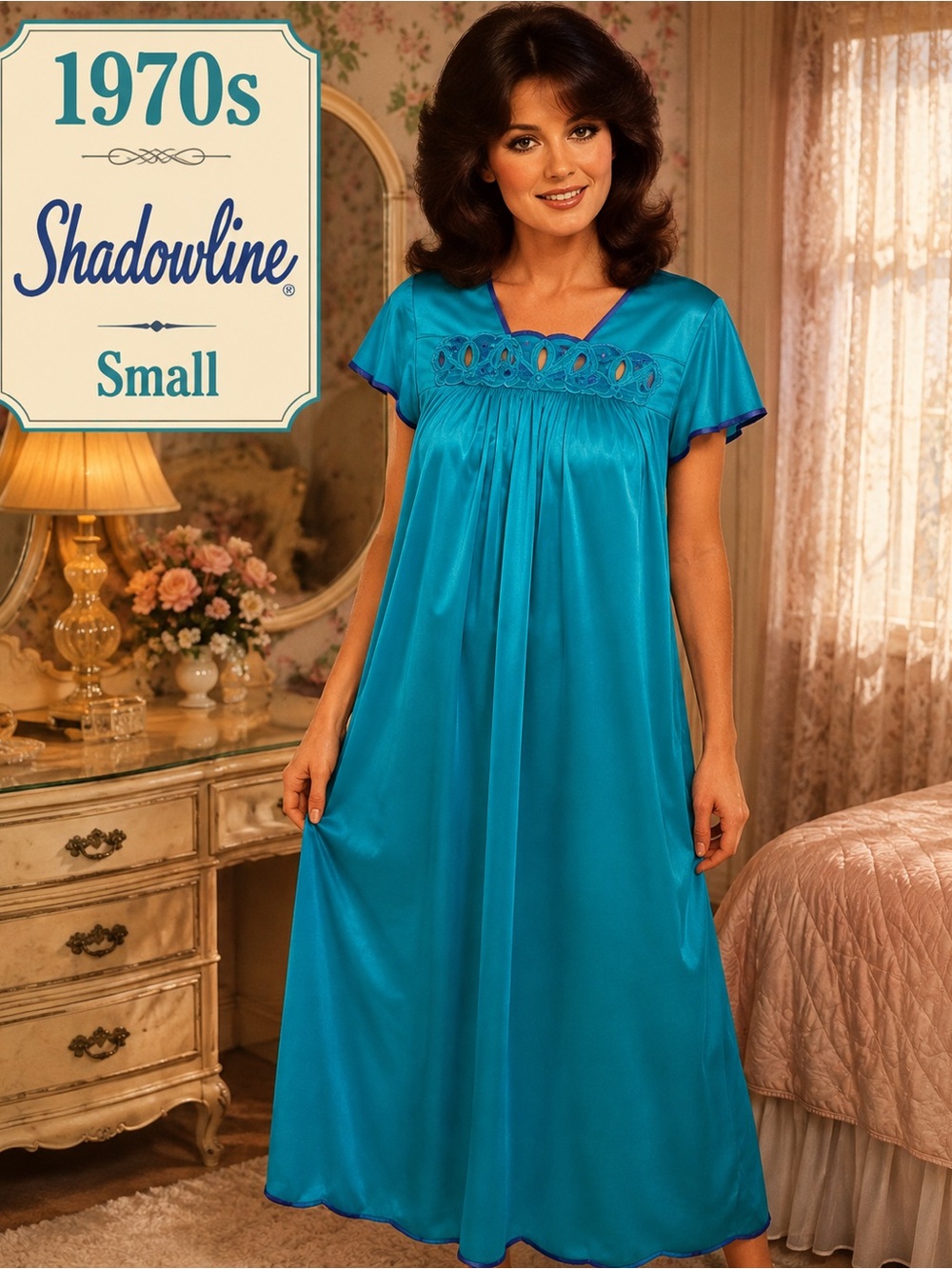 Vintage 1970s Shadowline Turquoise Nylon Nightgown Small